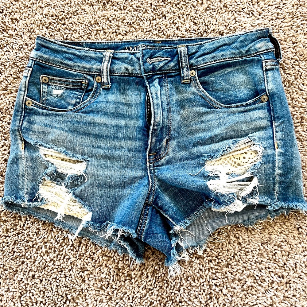 American Eagle Mid-Rise Stretch Jean Shorts with Crochet Detail